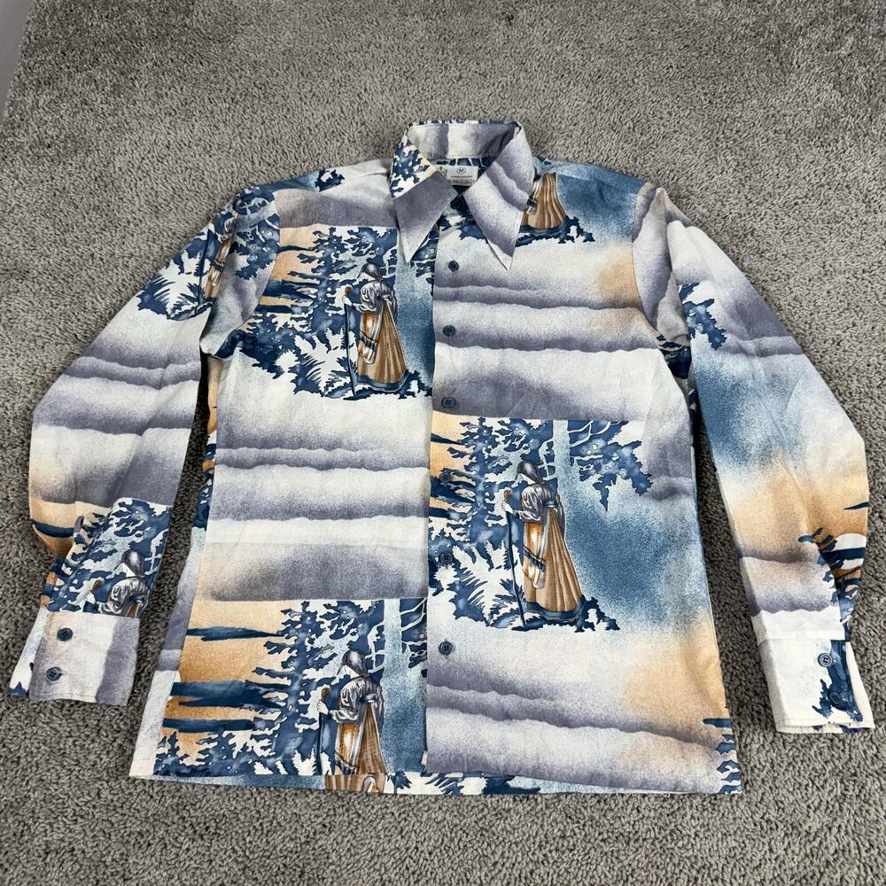 Vintage Kings Road Shirt Mens Medium Blue Samurai Scenic Polyester Sears 80s